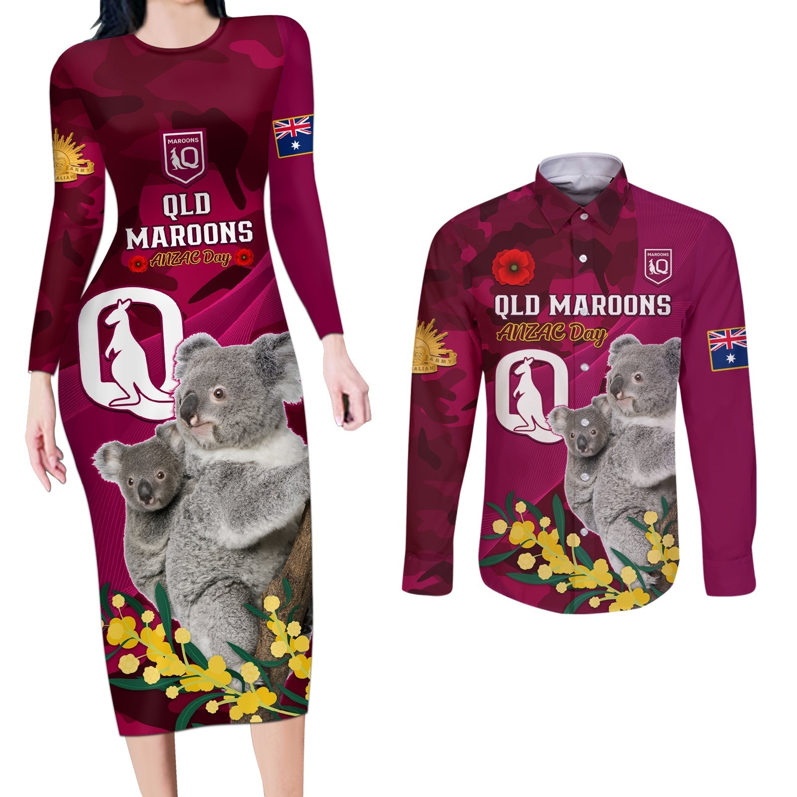 Custom QLD Maroons ANZAC Day Couples Matching Long Sleeve Bodycon Dress and Long Sleeve Button Shirt Australian Koala Mix Camouflage