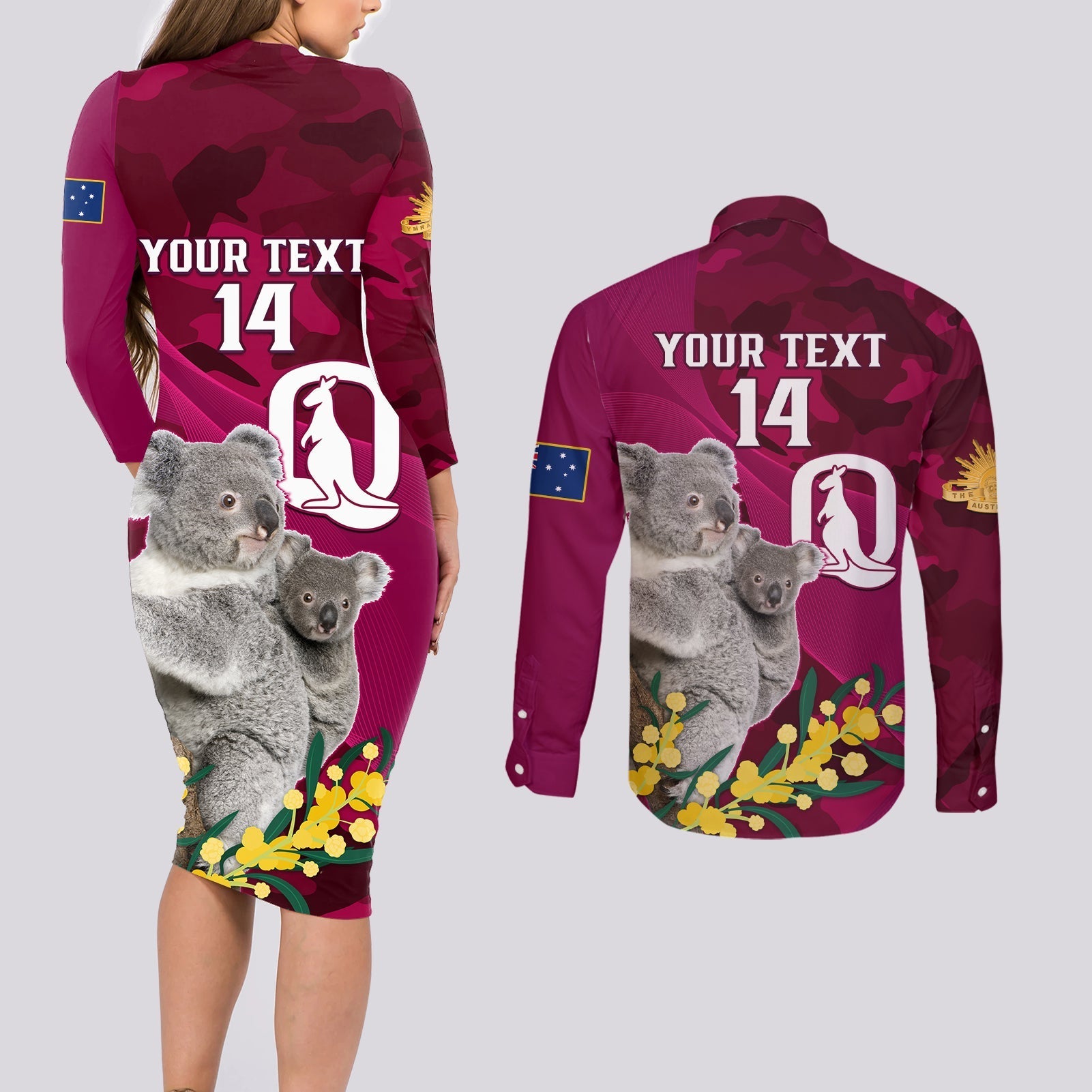 Custom QLD Maroons ANZAC Day Couples Matching Long Sleeve Bodycon Dress and Long Sleeve Button Shirt Australian Koala Mix Camouflage