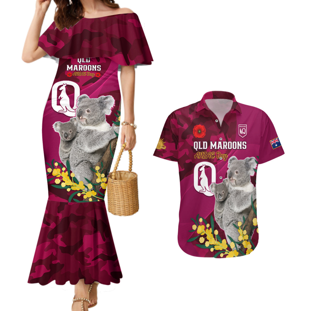 Custom QLD Maroons ANZAC Day Couples Matching Mermaid Dress and Hawaiian Shirt Australian Koala Mix Camouflage
