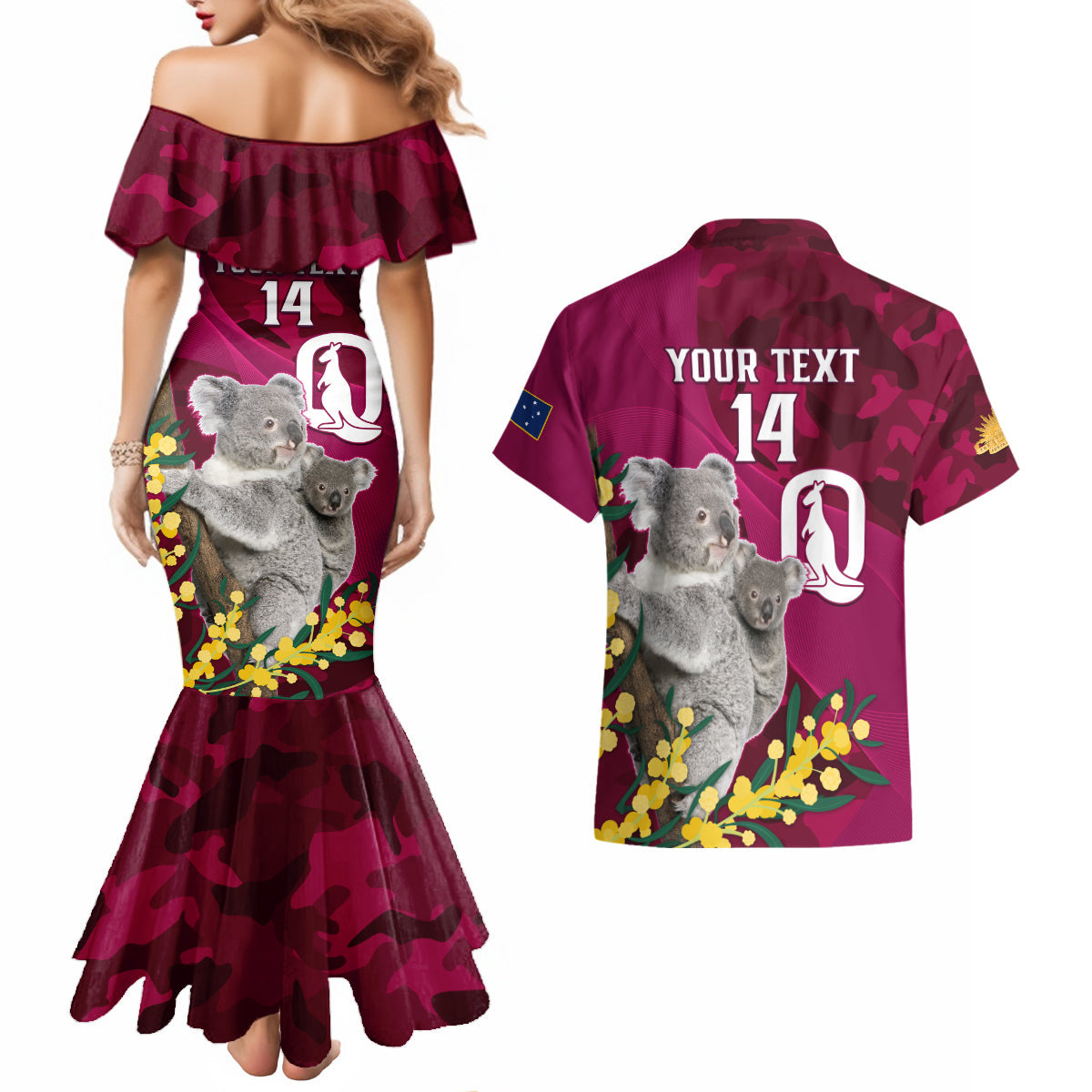 Custom QLD Maroons ANZAC Day Couples Matching Mermaid Dress and Hawaiian Shirt Australian Koala Mix Camouflage