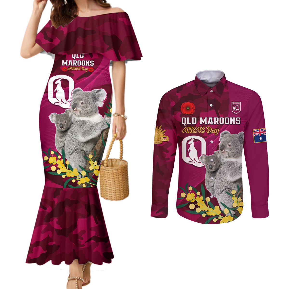 Custom QLD Maroons ANZAC Day Couples Matching Mermaid Dress and Long Sleeve Button Shirt Australian Koala Mix Camouflage