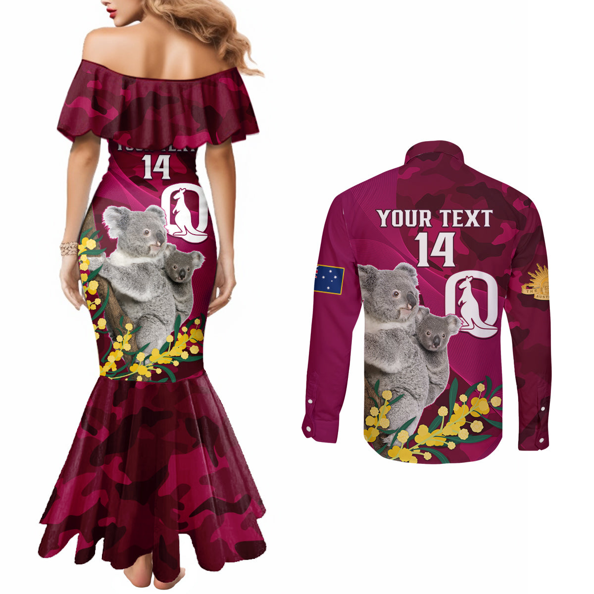 Custom QLD Maroons ANZAC Day Couples Matching Mermaid Dress and Long Sleeve Button Shirt Australian Koala Mix Camouflage