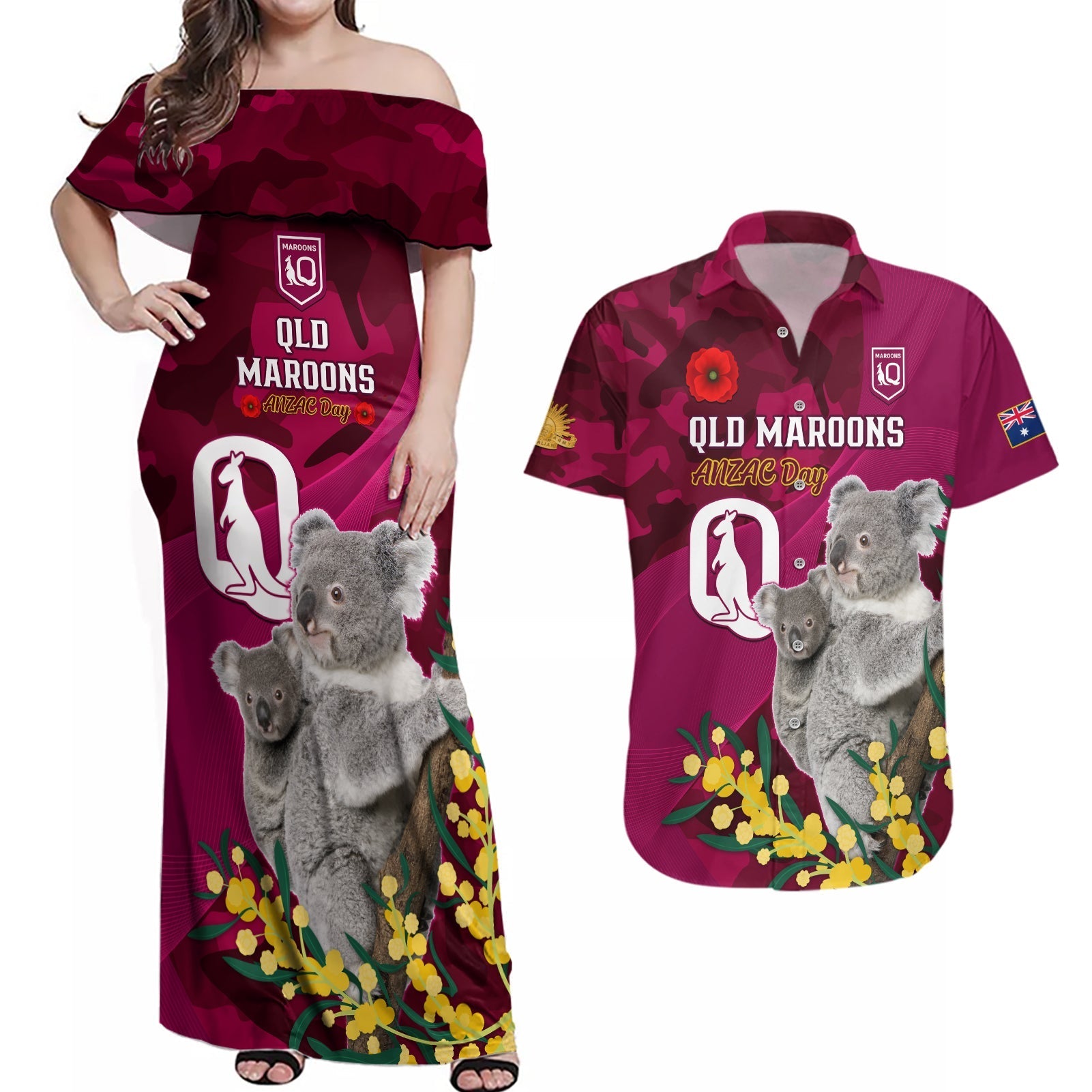 Custom QLD Maroons ANZAC Day Couples Matching Off Shoulder Maxi Dress and Hawaiian Shirt Australian Koala Mix Camouflage