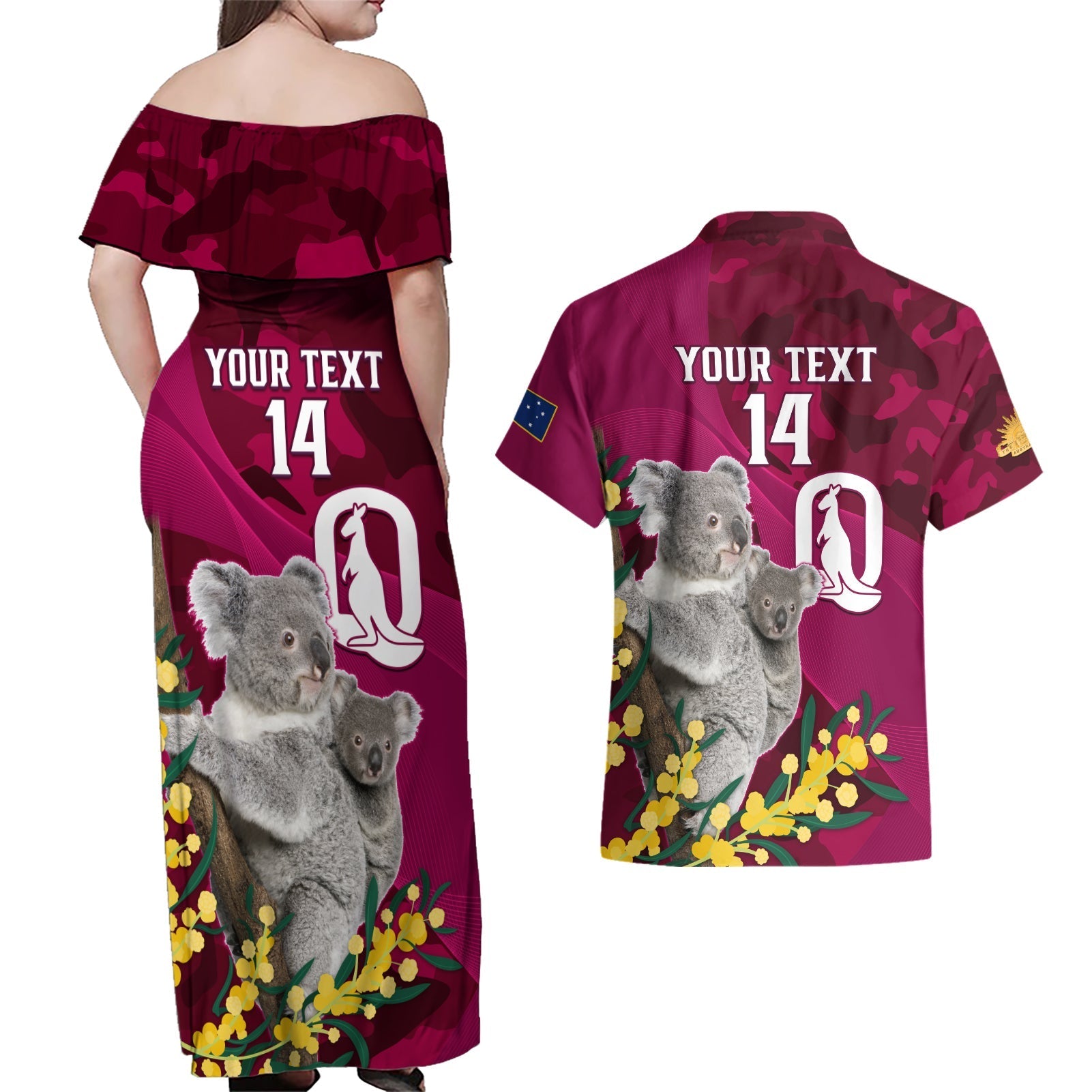 Custom QLD Maroons ANZAC Day Couples Matching Off Shoulder Maxi Dress and Hawaiian Shirt Australian Koala Mix Camouflage
