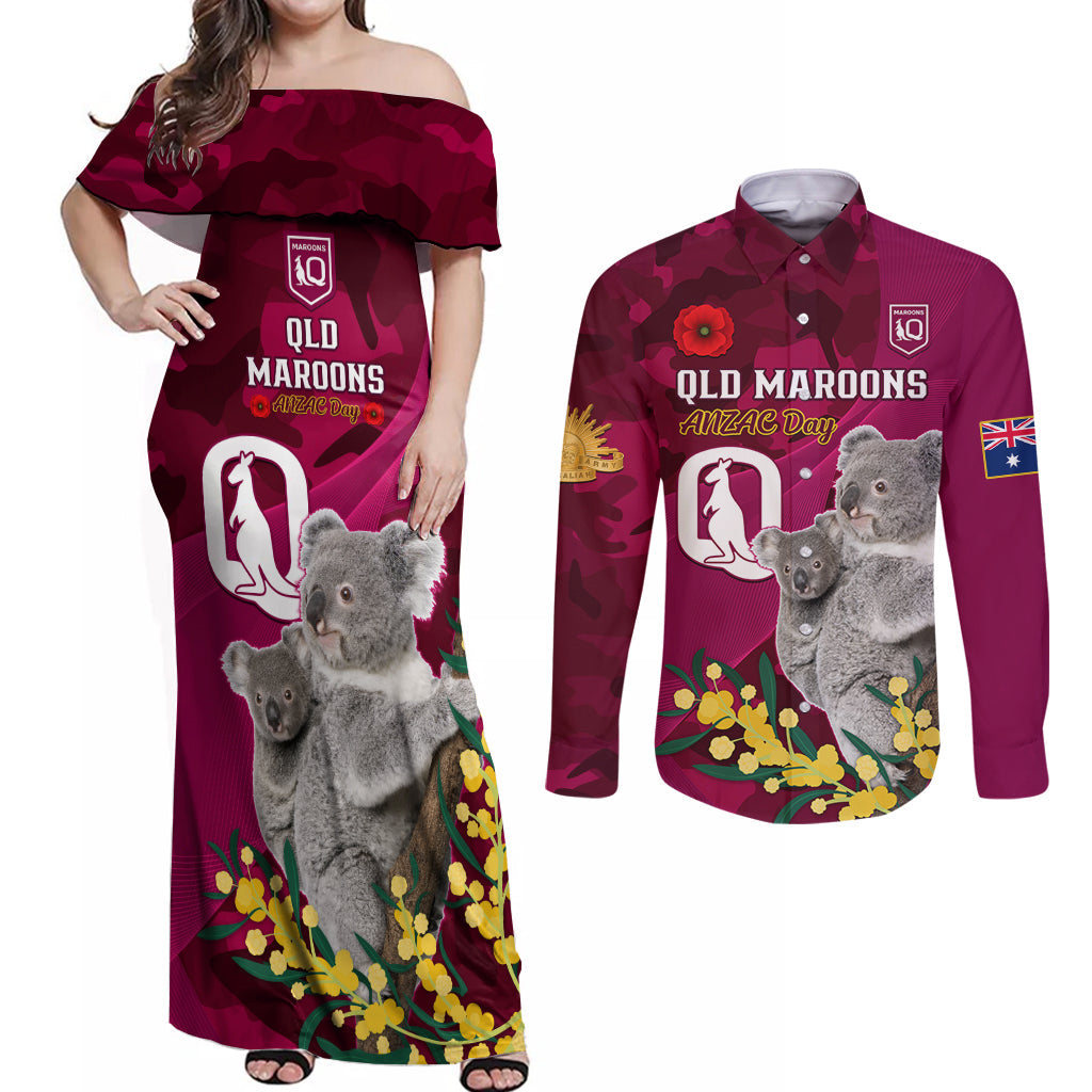 Custom QLD Maroons ANZAC Day Couples Matching Off Shoulder Maxi Dress and Long Sleeve Button Shirt Australian Koala Mix Camouflage