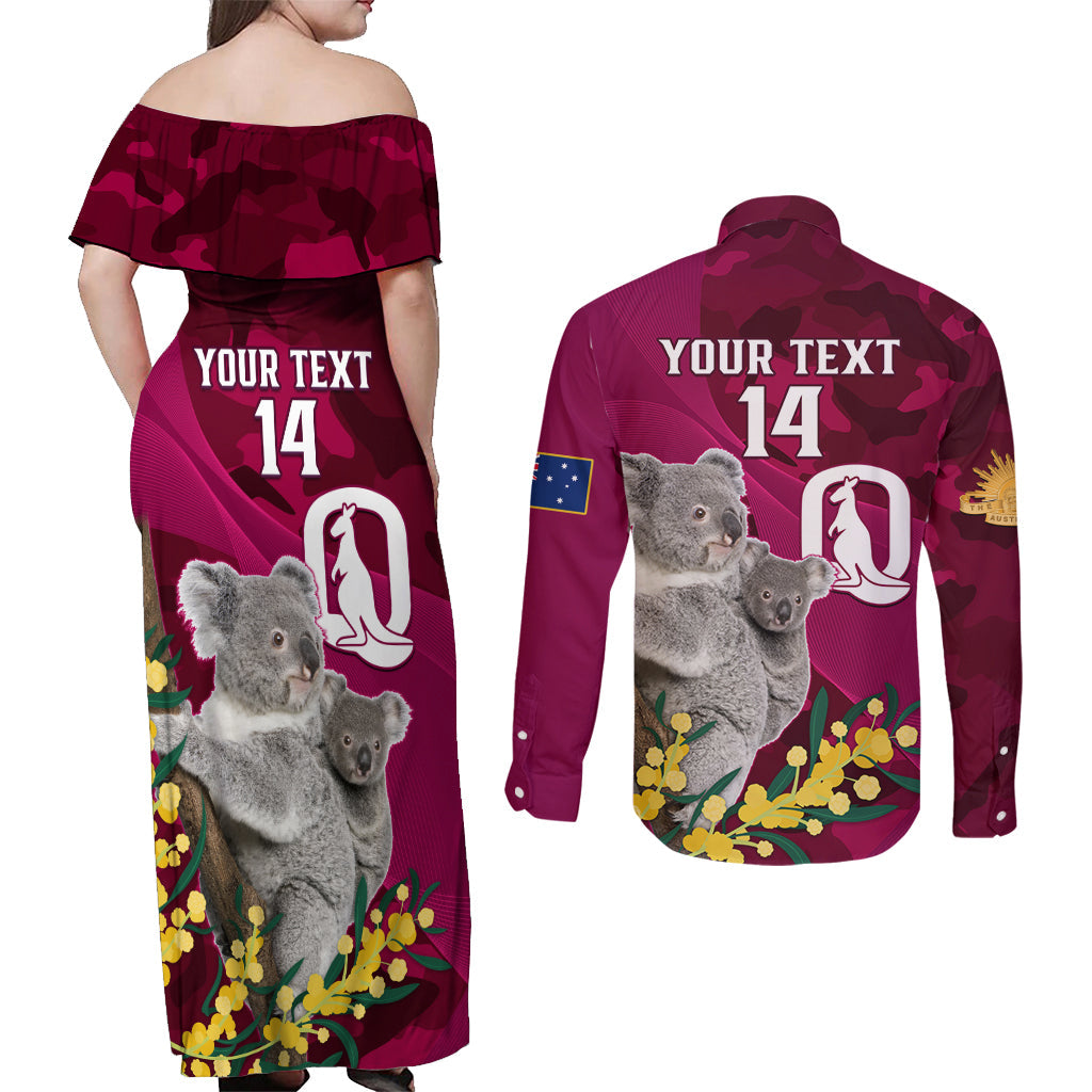 Custom QLD Maroons ANZAC Day Couples Matching Off Shoulder Maxi Dress and Long Sleeve Button Shirt Australian Koala Mix Camouflage