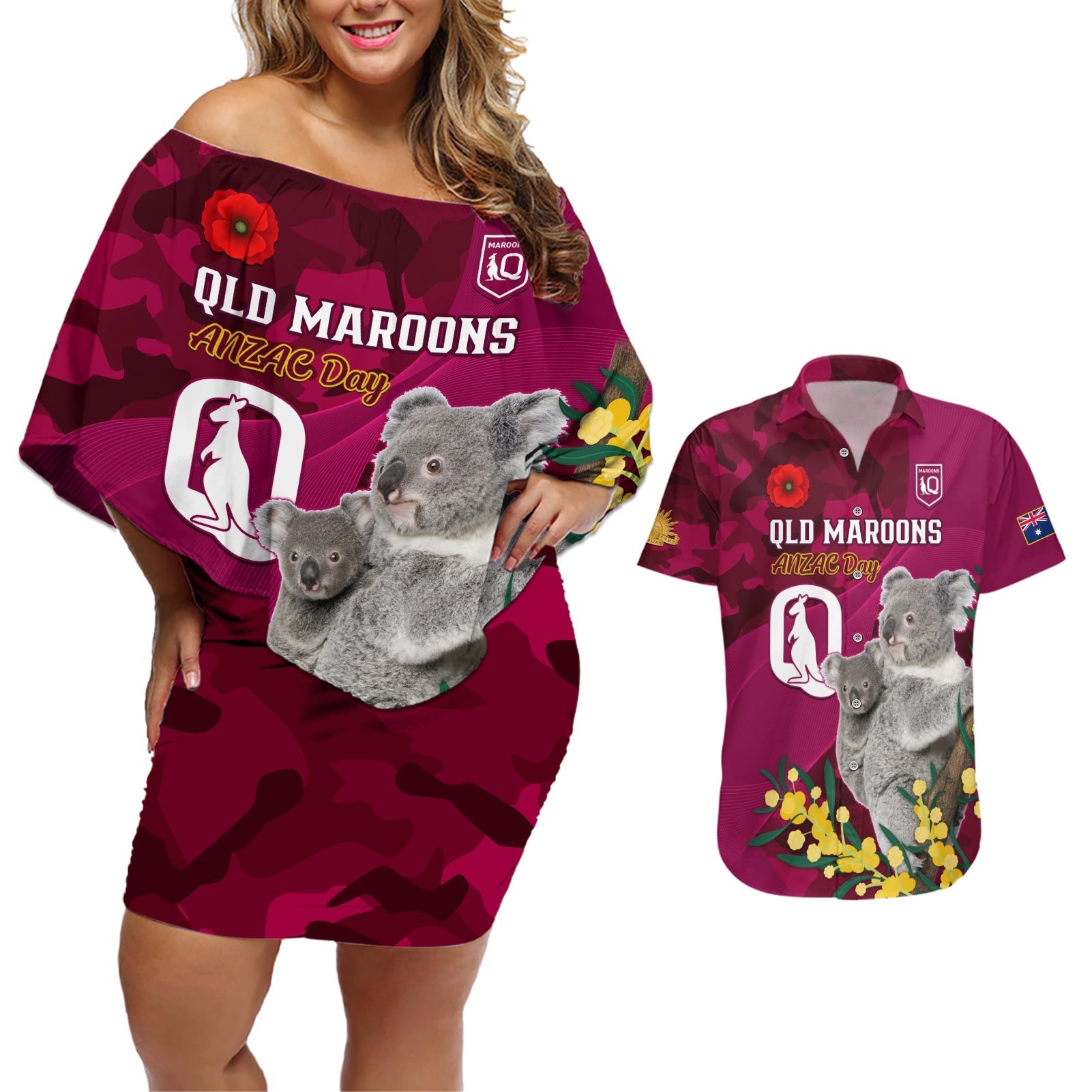 Custom QLD Maroons ANZAC Day Couples Matching Off Shoulder Short Dress and Hawaiian Shirt Australian Koala Mix Camouflage