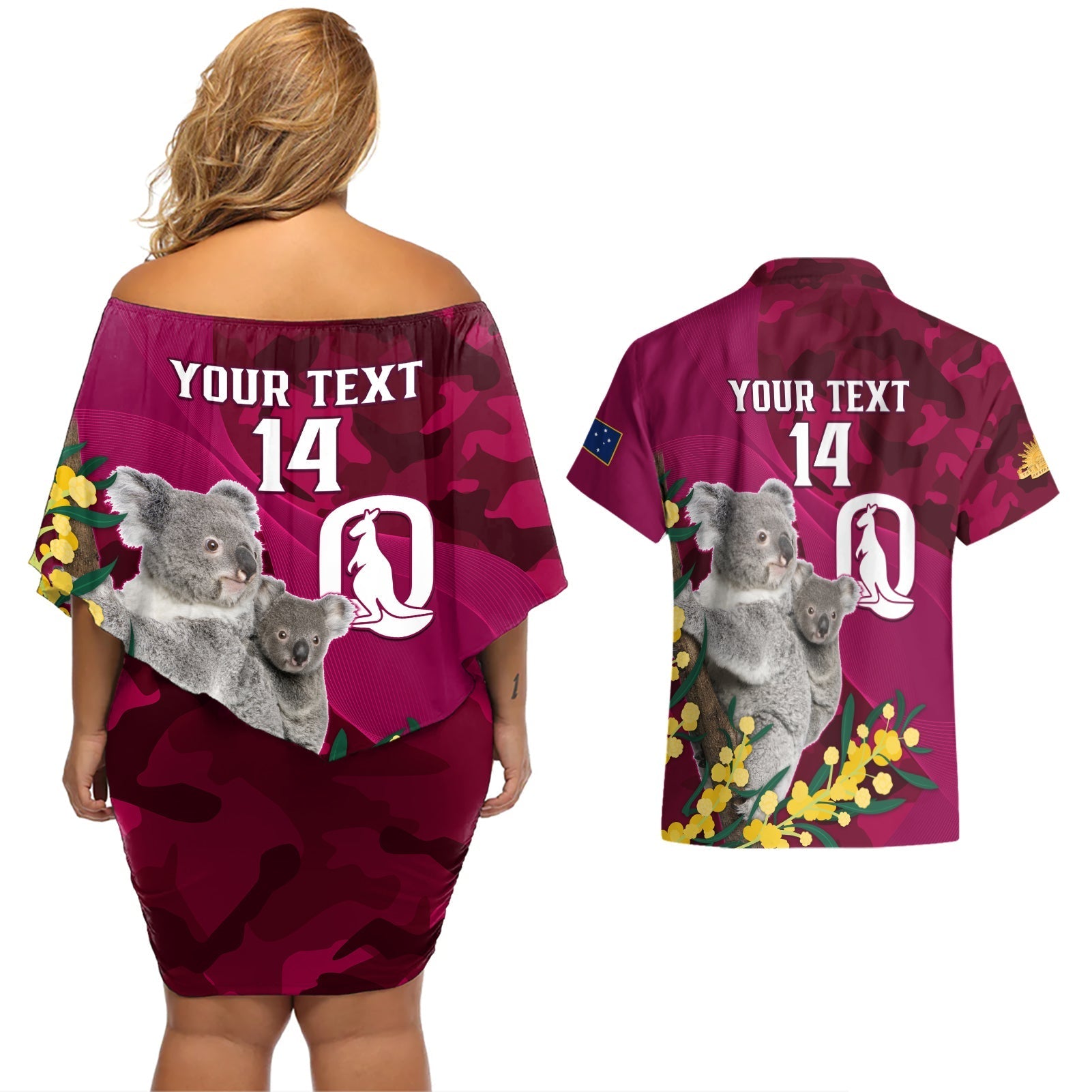 Custom QLD Maroons ANZAC Day Couples Matching Off Shoulder Short Dress and Hawaiian Shirt Australian Koala Mix Camouflage
