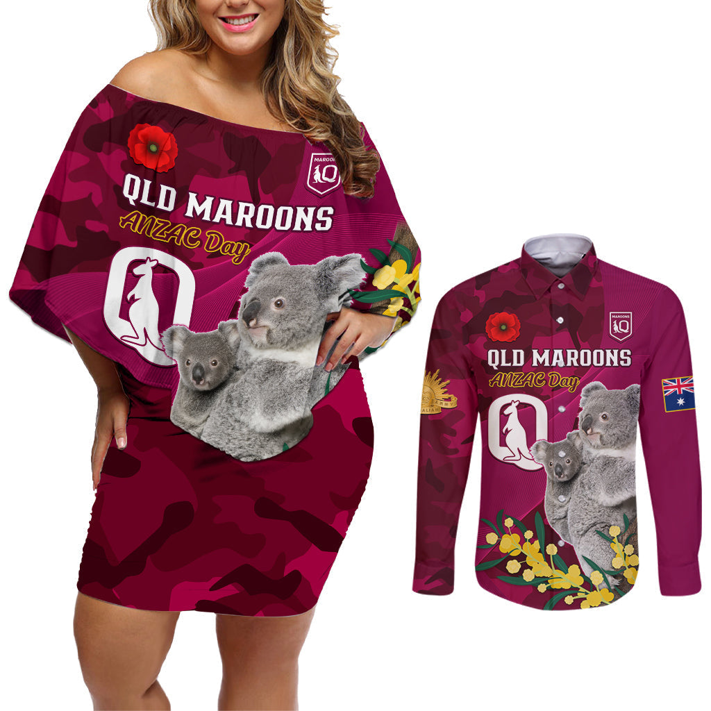Custom QLD Maroons ANZAC Day Couples Matching Off Shoulder Short Dress and Long Sleeve Button Shirt Australian Koala Mix Camouflage