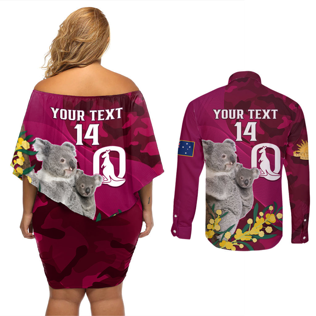 Custom QLD Maroons ANZAC Day Couples Matching Off Shoulder Short Dress and Long Sleeve Button Shirt Australian Koala Mix Camouflage