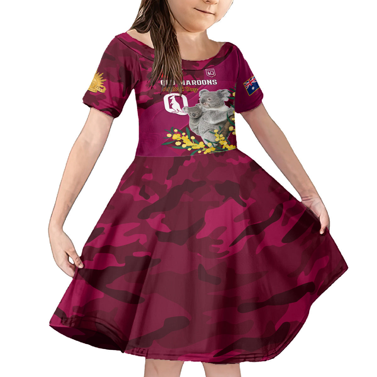 Custom QLD Maroons ANZAC Day Kid Short Sleeve Dress Australian Koala Mix Camouflage - Vibe Hoodie Shop