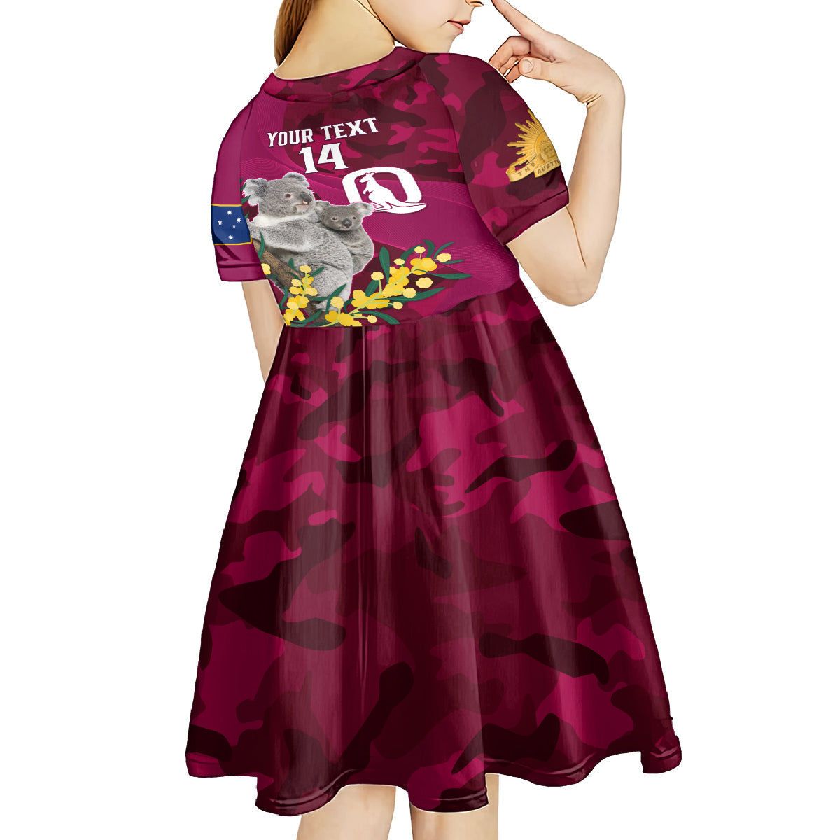 Custom QLD Maroons ANZAC Day Kid Short Sleeve Dress Australian Koala Mix Camouflage - Vibe Hoodie Shop