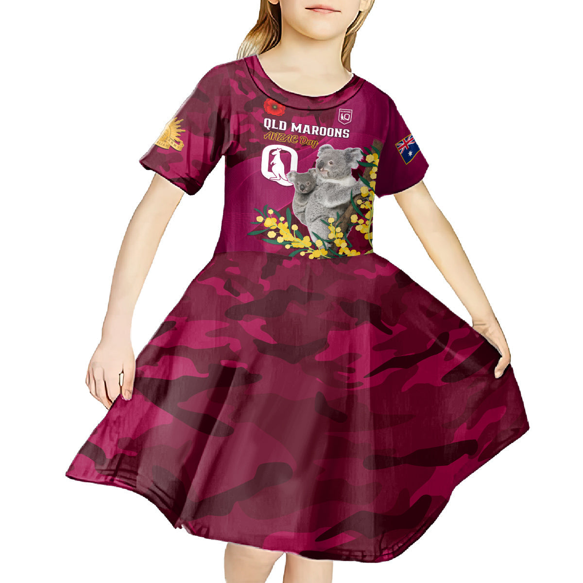 Custom QLD Maroons ANZAC Day Kid Short Sleeve Dress Australian Koala Mix Camouflage - Vibe Hoodie Shop