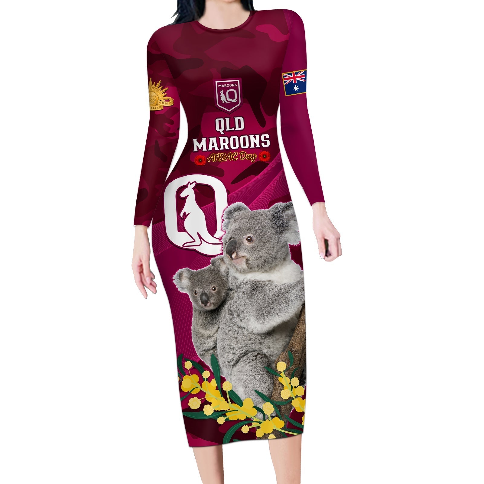 Custom QLD Maroons ANZAC Day Long Sleeve Bodycon Dress Australian Koala Mix Camouflage