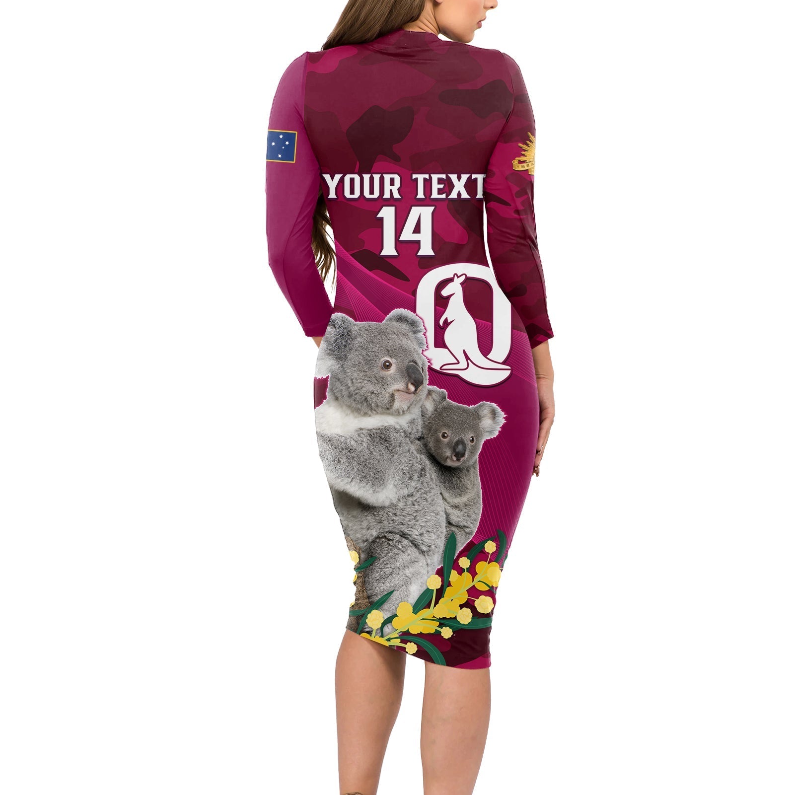 Custom QLD Maroons ANZAC Day Long Sleeve Bodycon Dress Australian Koala Mix Camouflage