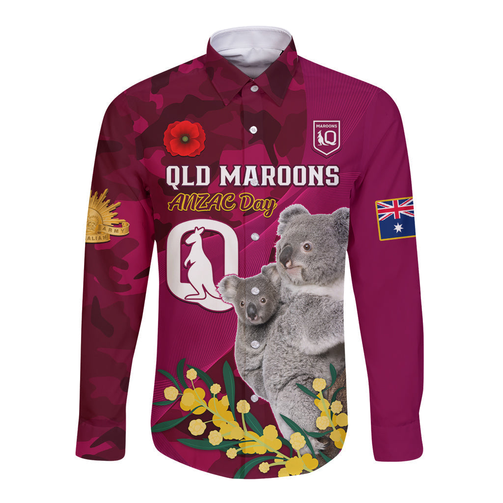 Custom QLD Maroons ANZAC Day Long Sleeve Button Shirt Australian Koala Mix Camouflage - Vibe Hoodie Shop