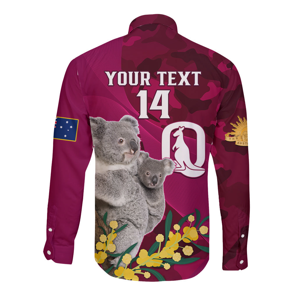 Custom QLD Maroons ANZAC Day Long Sleeve Button Shirt Australian Koala Mix Camouflage - Vibe Hoodie Shop