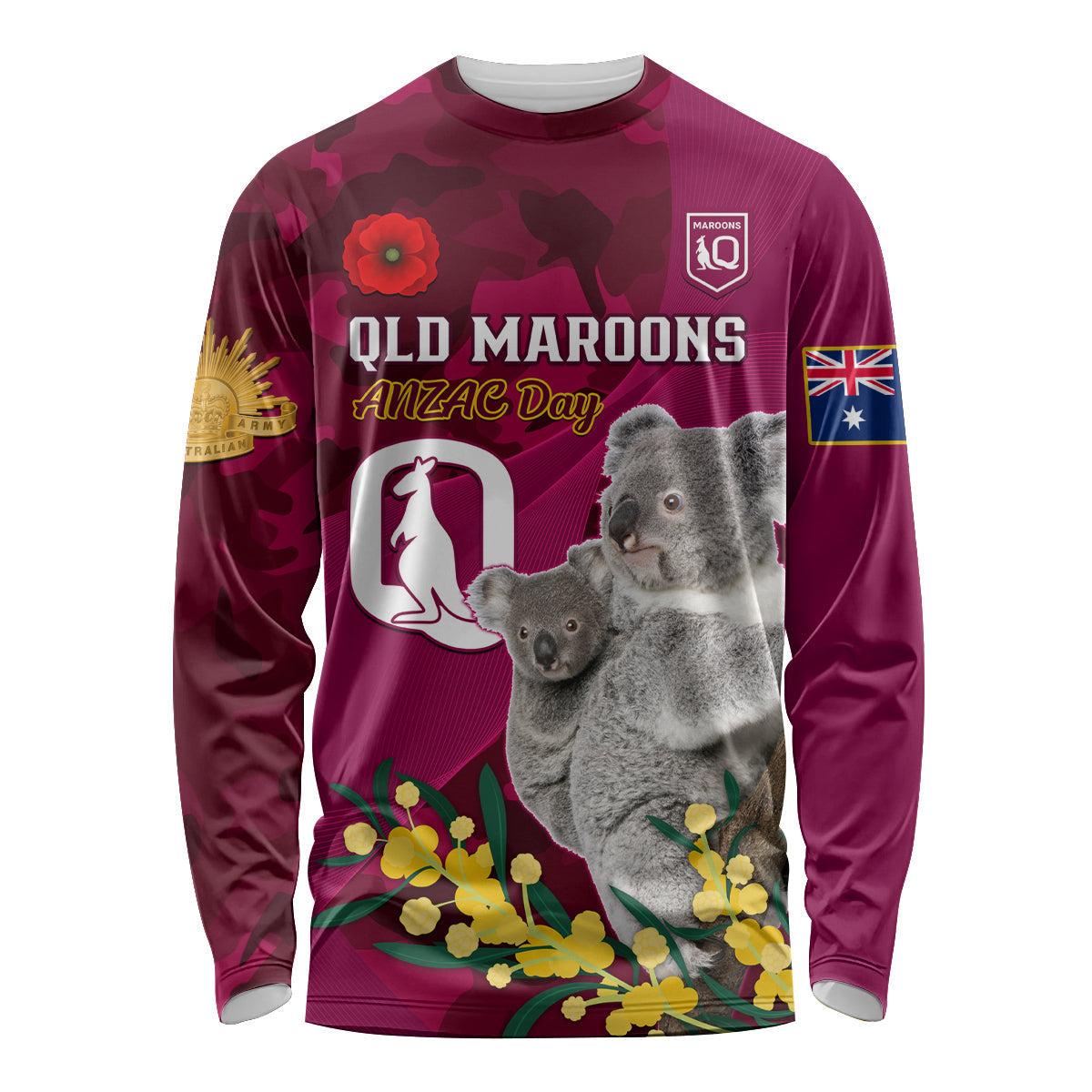 Custom QLD Maroons ANZAC Day Long Sleeve Shirt Australian Koala Mix Camouflage - Vibe Hoodie Shop