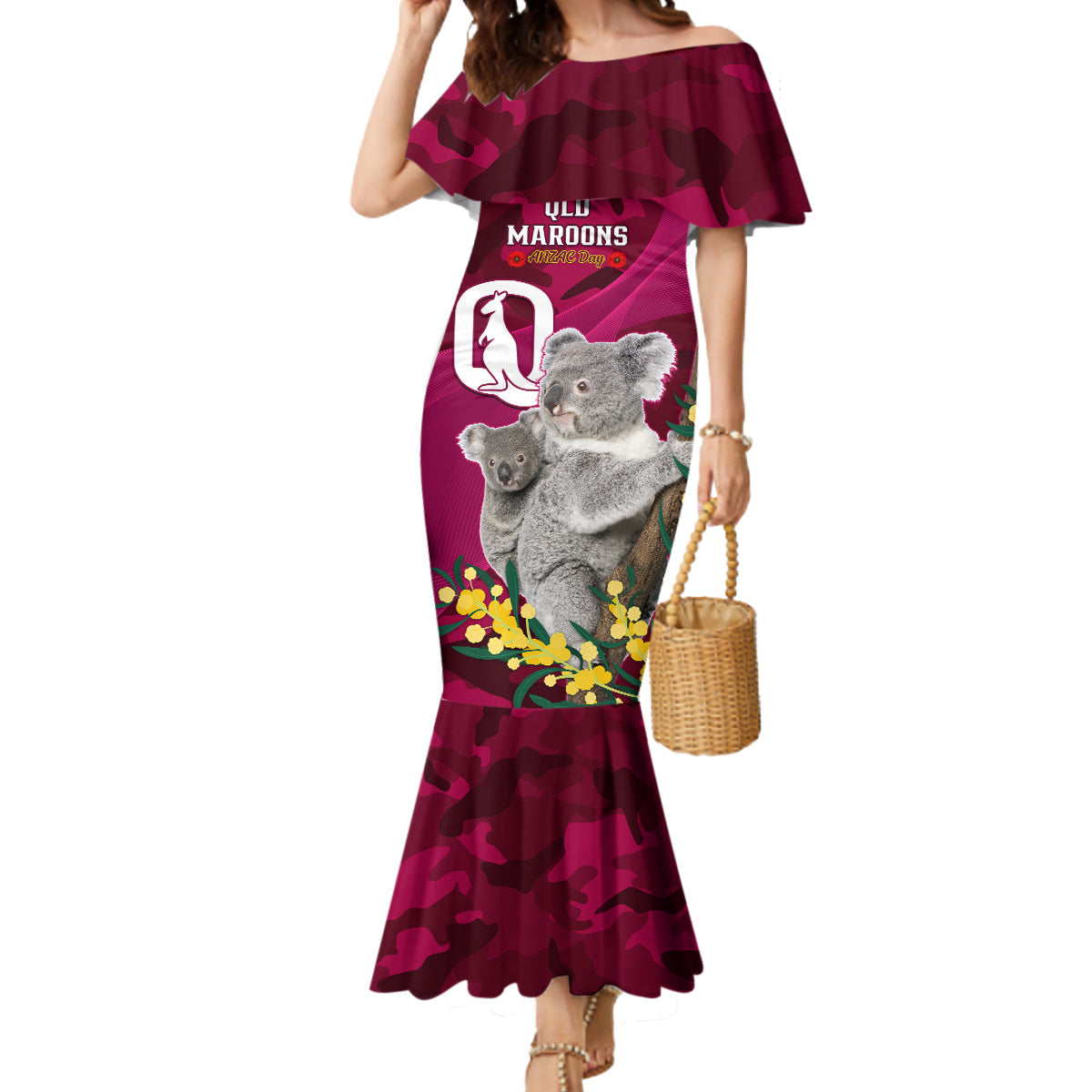 Custom QLD Maroons ANZAC Day Mermaid Dress Australian Koala Mix Camouflage