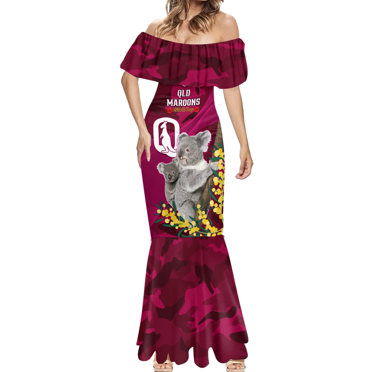 Custom QLD Maroons ANZAC Day Mermaid Dress Australian Koala Mix Camouflage