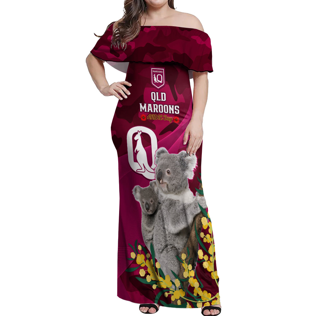 Custom QLD Maroons ANZAC Day Off Shoulder Maxi Dress Australian Koala Mix Camouflage