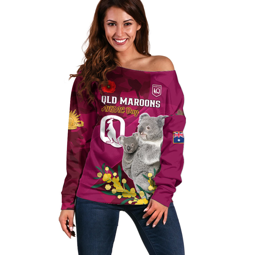 Custom QLD Maroons ANZAC Day Off Shoulder Sweater Australian Koala Mix Camouflage - Vibe Hoodie Shop