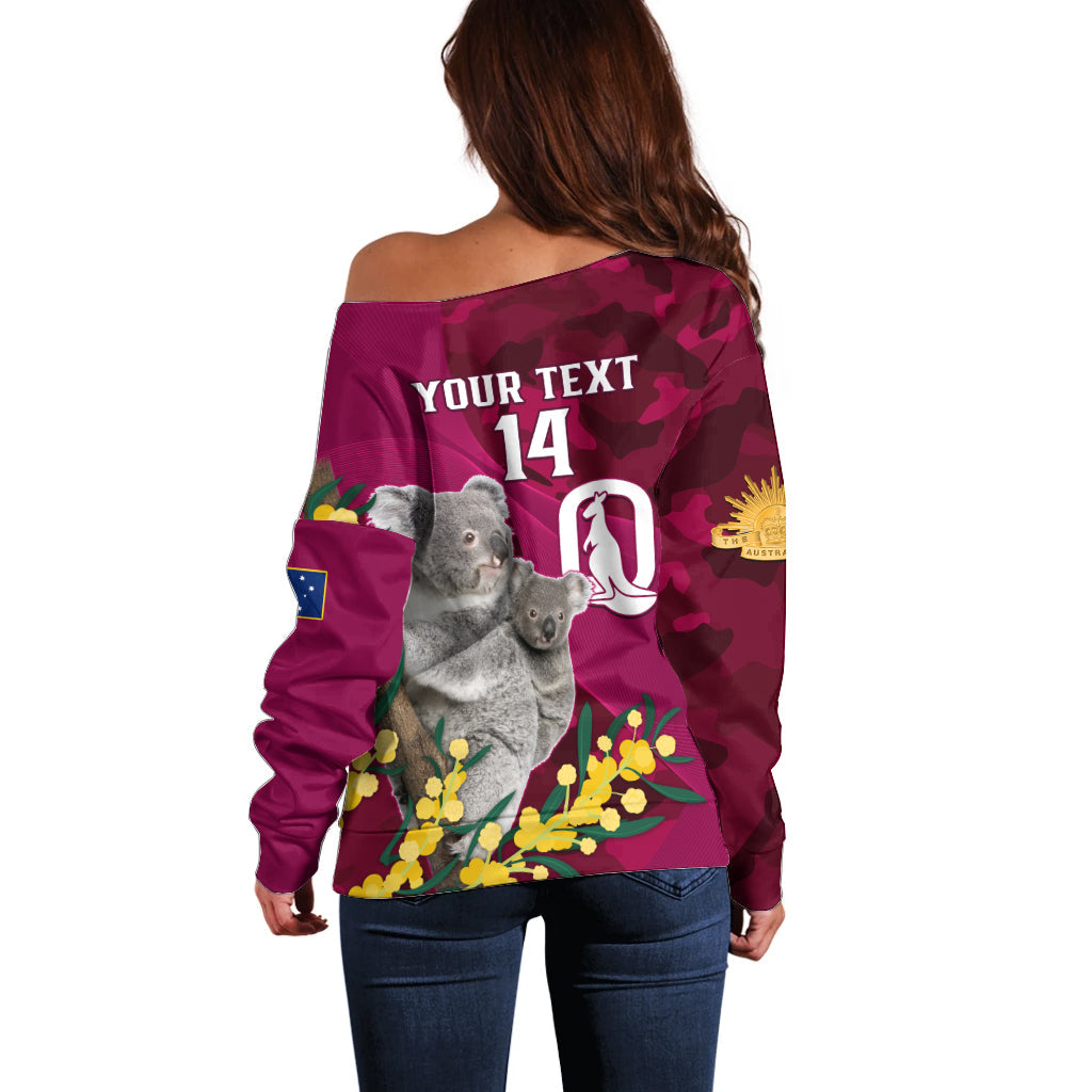 Custom QLD Maroons ANZAC Day Off Shoulder Sweater Australian Koala Mix Camouflage - Vibe Hoodie Shop