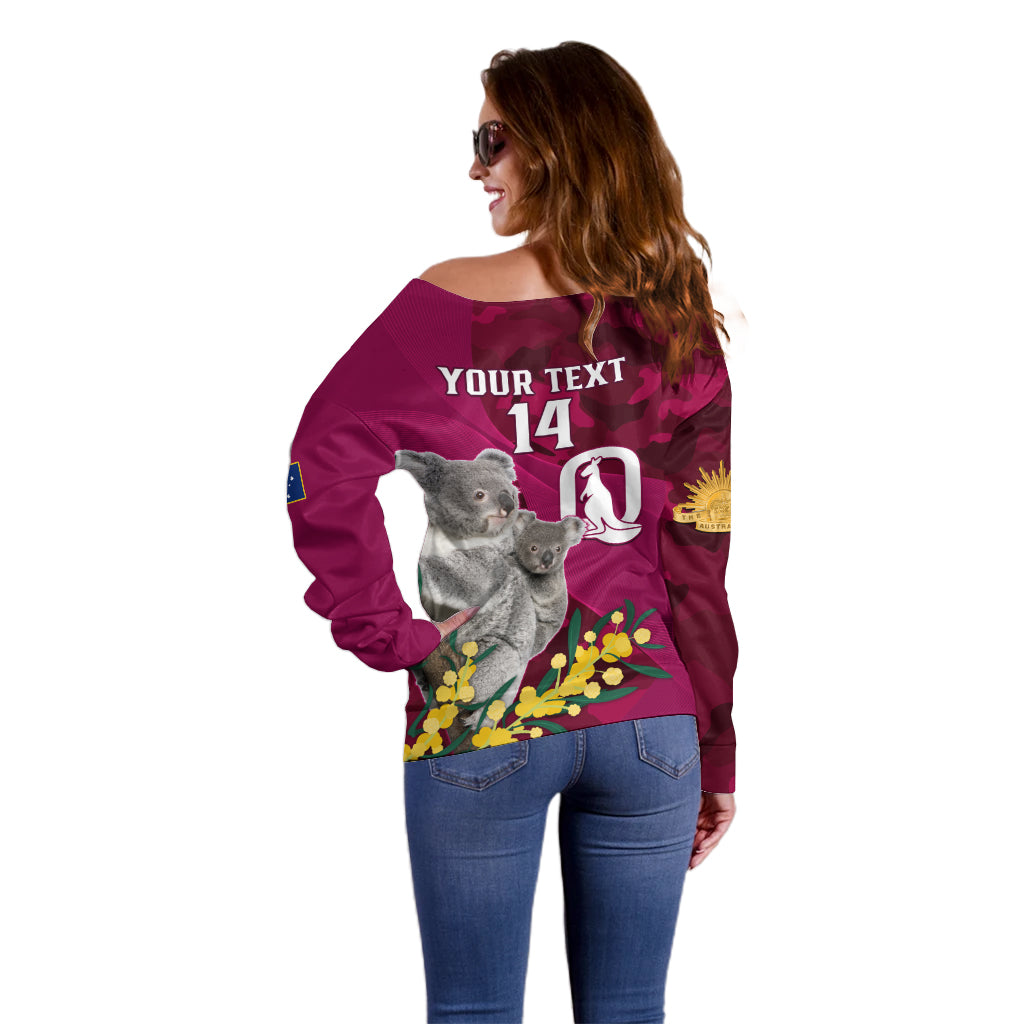 Custom QLD Maroons ANZAC Day Off Shoulder Sweater Australian Koala Mix Camouflage - Vibe Hoodie Shop