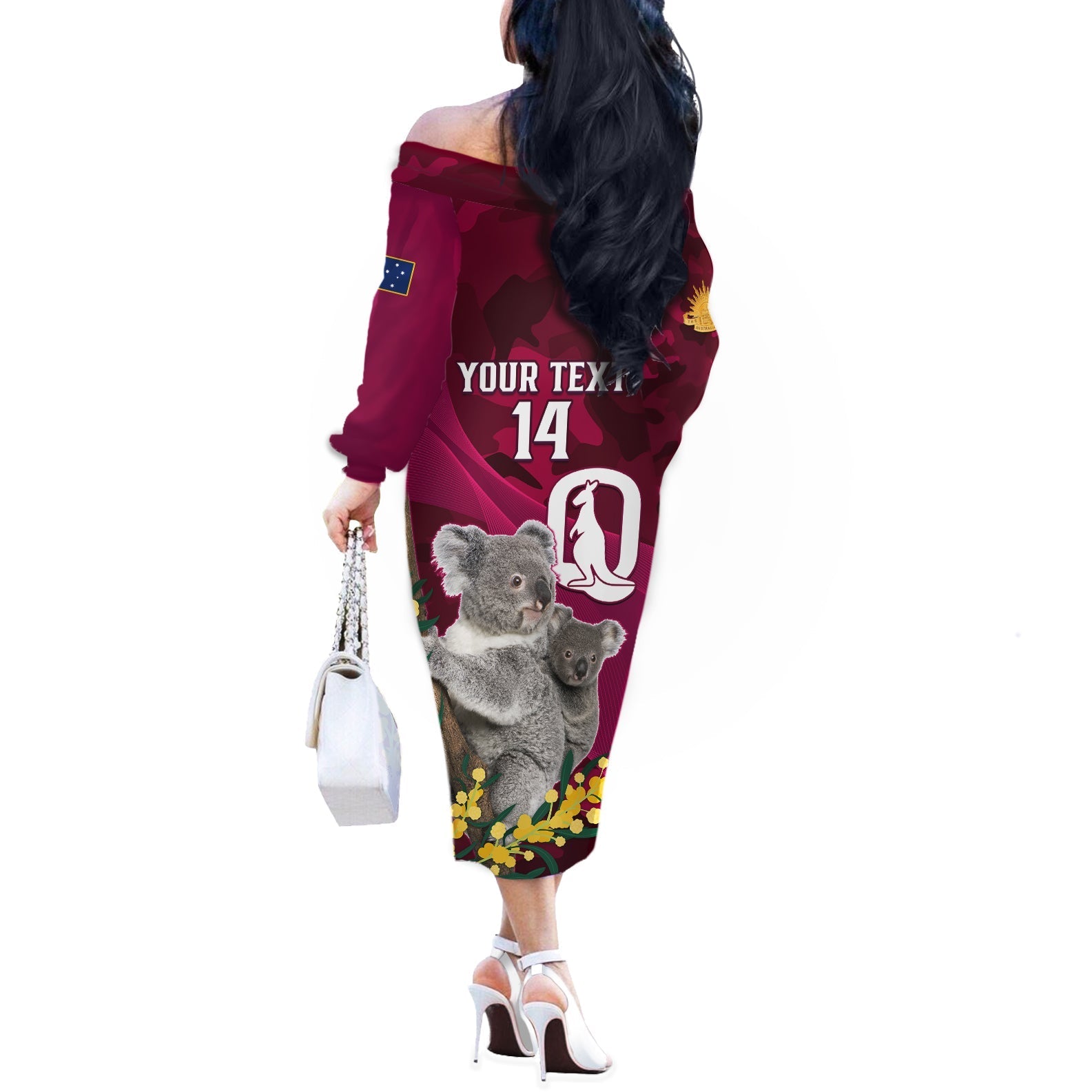 Custom QLD Maroons ANZAC Day Off The Shoulder Long Sleeve Dress Australian Koala Mix Camouflage