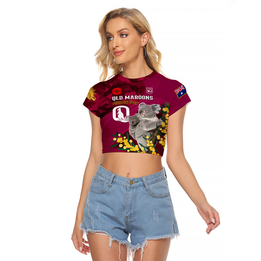 Custom QLD Maroons ANZAC Day Raglan Cropped T Shirt Australian Koala Mix Camouflage - Vibe Hoodie Shop