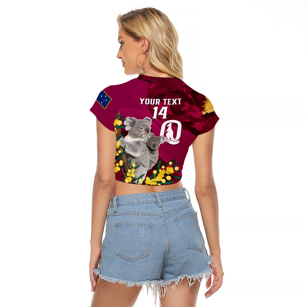 Custom QLD Maroons ANZAC Day Raglan Cropped T Shirt Australian Koala Mix Camouflage - Vibe Hoodie Shop