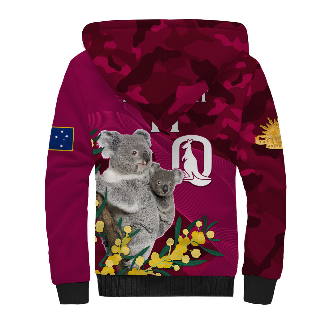 Custom QLD Maroons ANZAC Day Sherpa Hoodie Australian Koala Mix Camouflage - Vibe Hoodie Shop