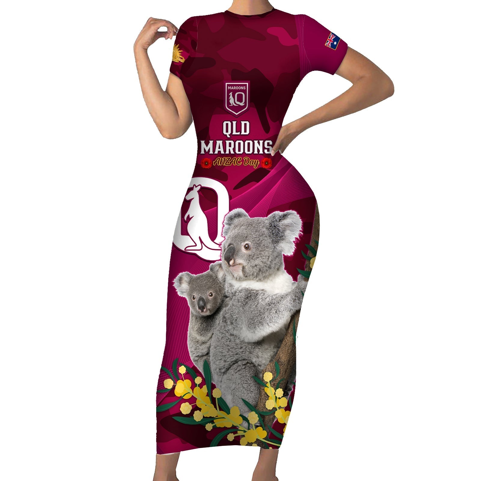 Custom QLD Maroons ANZAC Day Short Sleeve Bodycon Dress Australian Koala Mix Camouflage