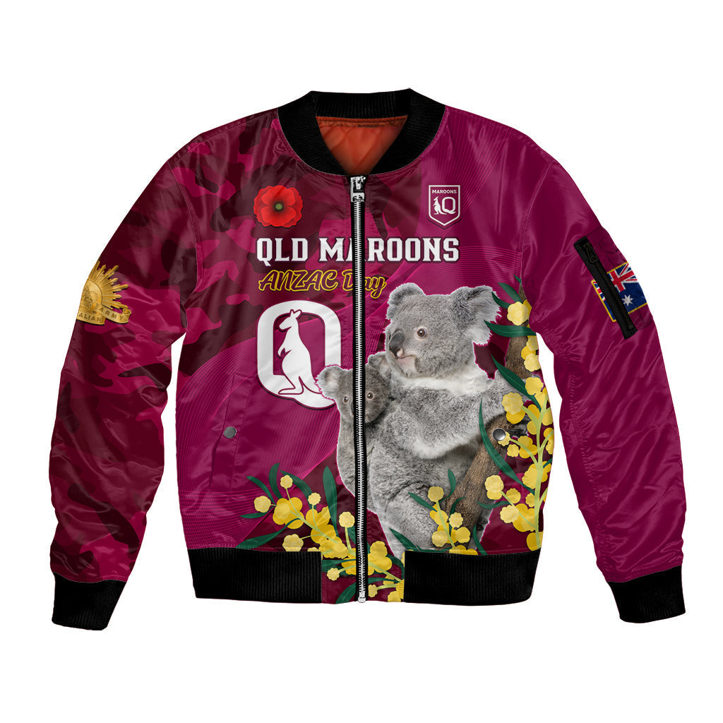 Custom QLD Maroons ANZAC Day Sleeve Zip Bomber Jacket Australian Koala Mix Camouflage