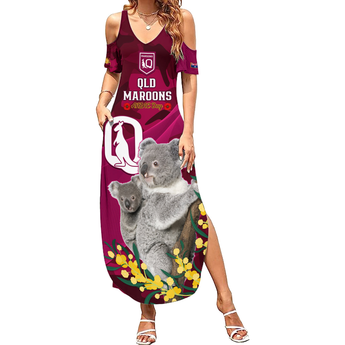 Custom QLD Maroons ANZAC Day Summer Maxi Dress Australian Koala Mix Camouflage