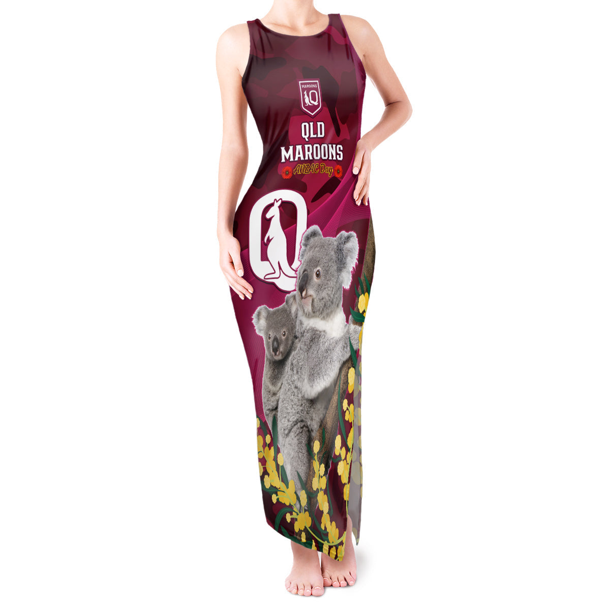 Custom QLD Maroons ANZAC Day Tank Maxi Dress Australian Koala Mix Camouflage