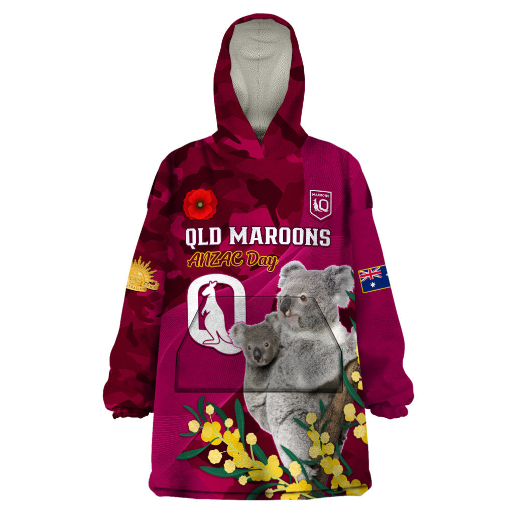 Custom QLD Maroons ANZAC Day Wearable Blanket Hoodie Australian Koala Mix Camouflage - Vibe Hoodie Shop