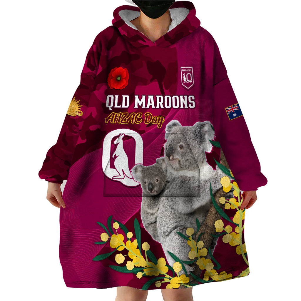 Custom QLD Maroons ANZAC Day Wearable Blanket Hoodie Australian Koala Mix Camouflage - Vibe Hoodie Shop