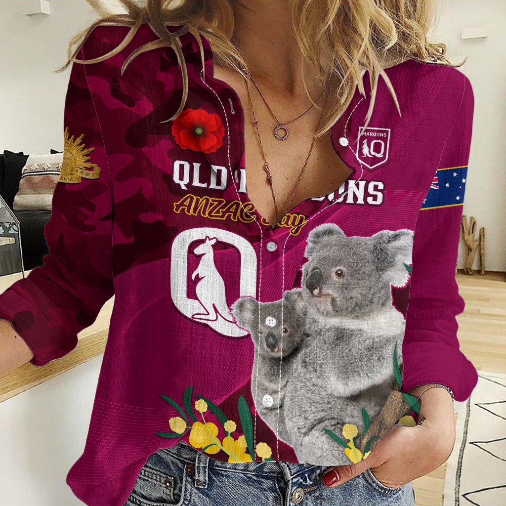 Custom QLD Maroons ANZAC Day Women Casual Shirt Australian Koala Mix Camouflage - Vibe Hoodie Shop