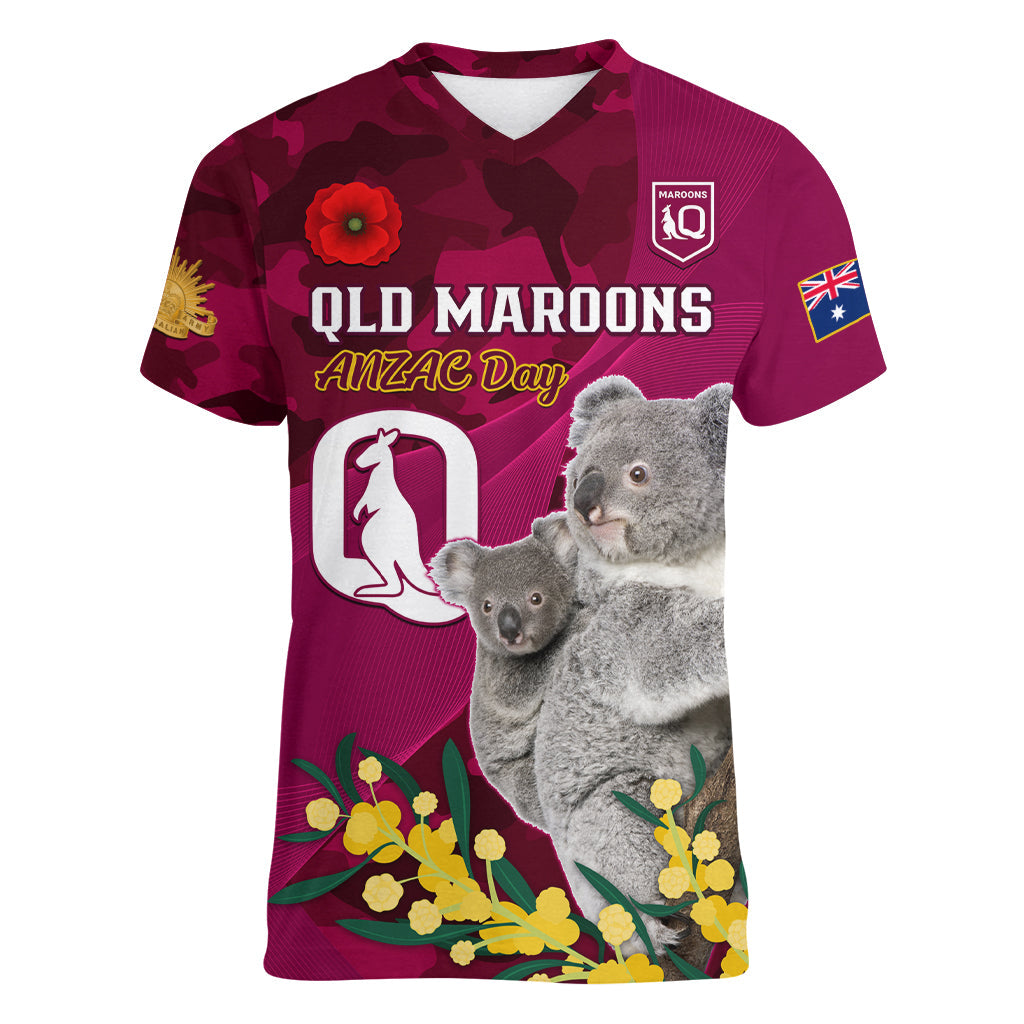 Custom QLD Maroons ANZAC Day Women V Neck T Shirt Australian Koala Mix Camouflage - Vibe Hoodie Shop