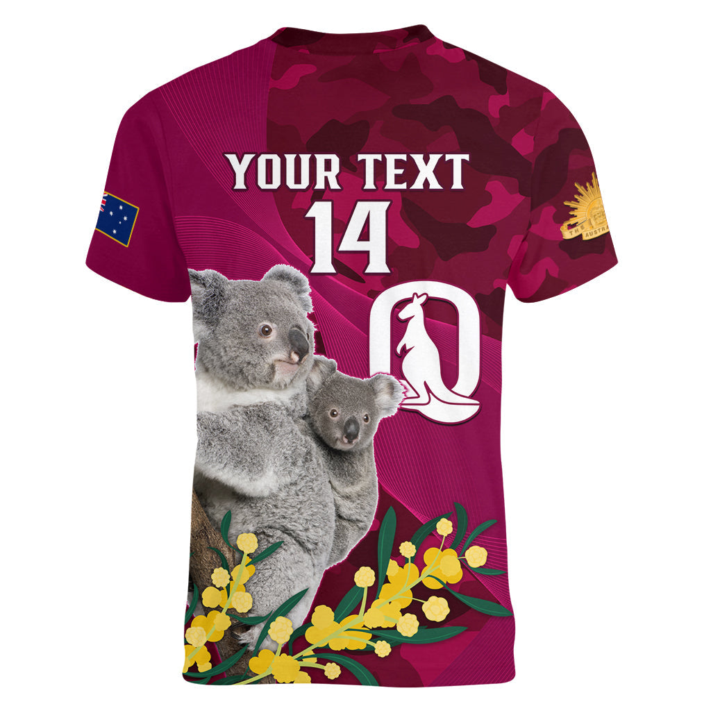 Custom QLD Maroons ANZAC Day Women V Neck T Shirt Australian Koala Mix Camouflage - Vibe Hoodie Shop