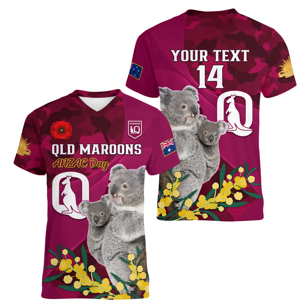 Custom QLD Maroons ANZAC Day Women V Neck T Shirt Australian Koala Mix Camouflage - Vibe Hoodie Shop