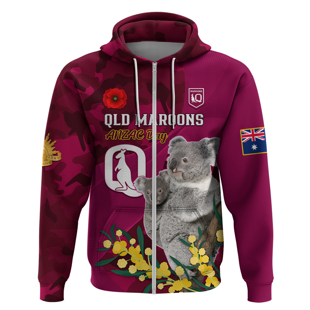 Custom QLD Maroons ANZAC Day Zip Hoodie Australian Koala Mix Camouflage - Vibe Hoodie Shop