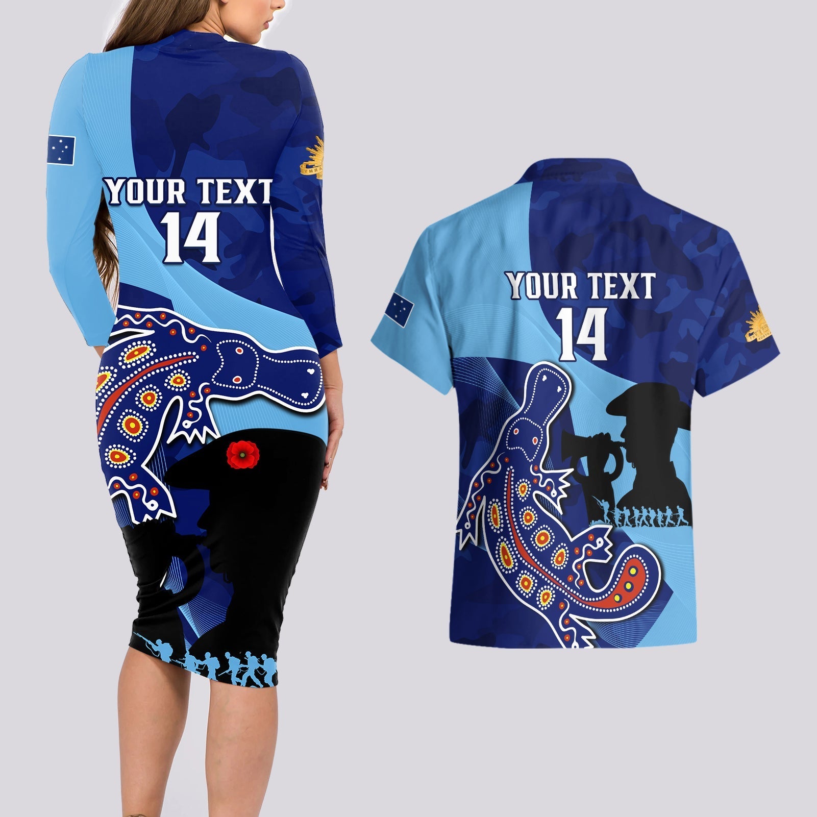 Custom NSW Blues ANZAC Day Couples Matching Long Sleeve Bodycon Dress and Hawaiian Shirt Australian Platypus Mix Camouflage
