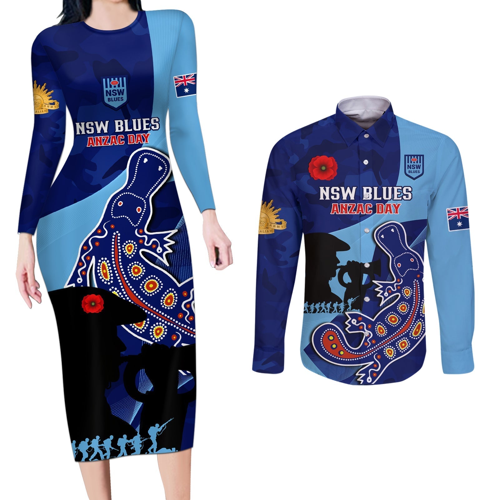 Custom NSW Blues ANZAC Day Couples Matching Long Sleeve Bodycon Dress and Long Sleeve Button Shirt Australian Platypus Mix Camouflage