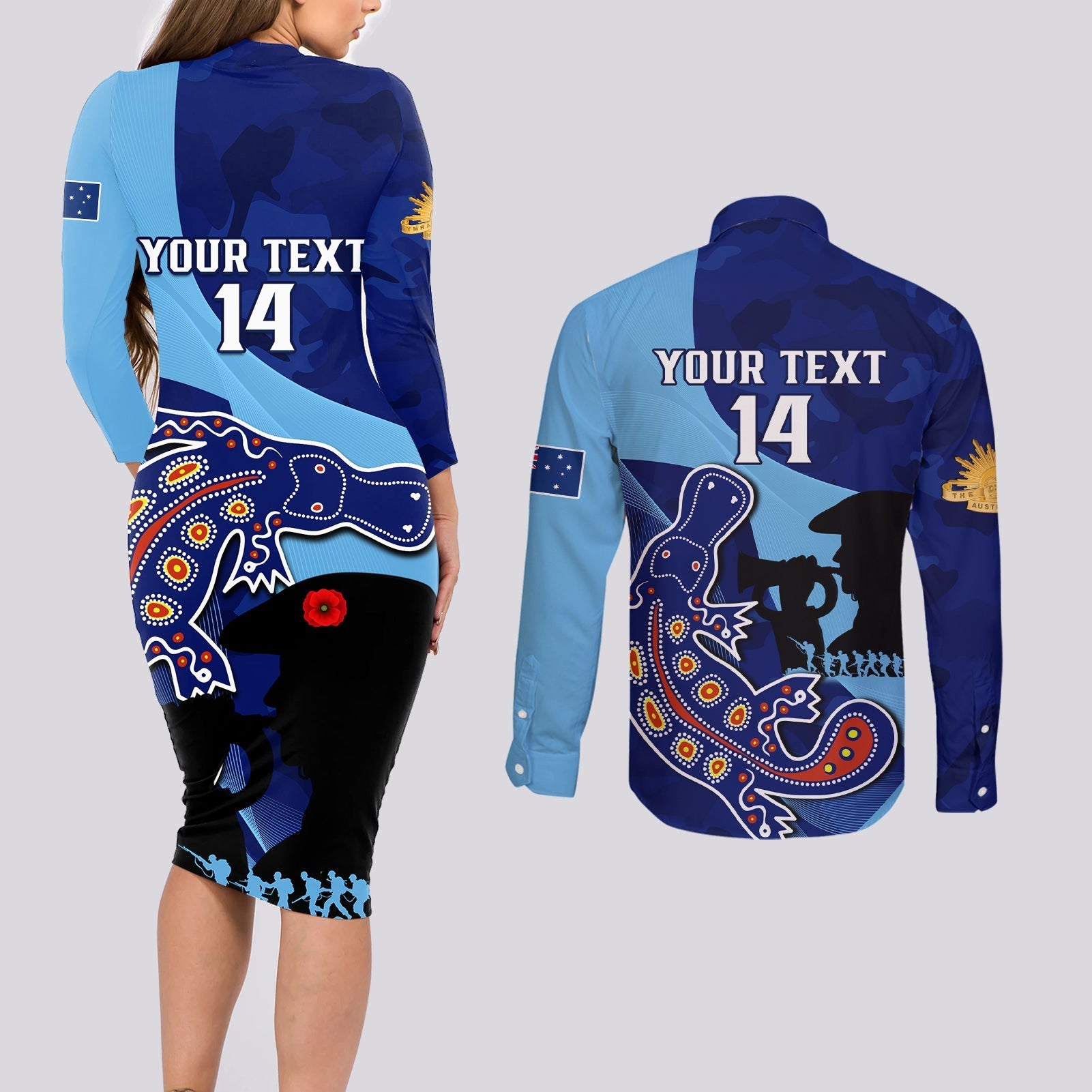 Custom NSW Blues ANZAC Day Couples Matching Long Sleeve Bodycon Dress and Long Sleeve Button Shirt Australian Platypus Mix Camouflage