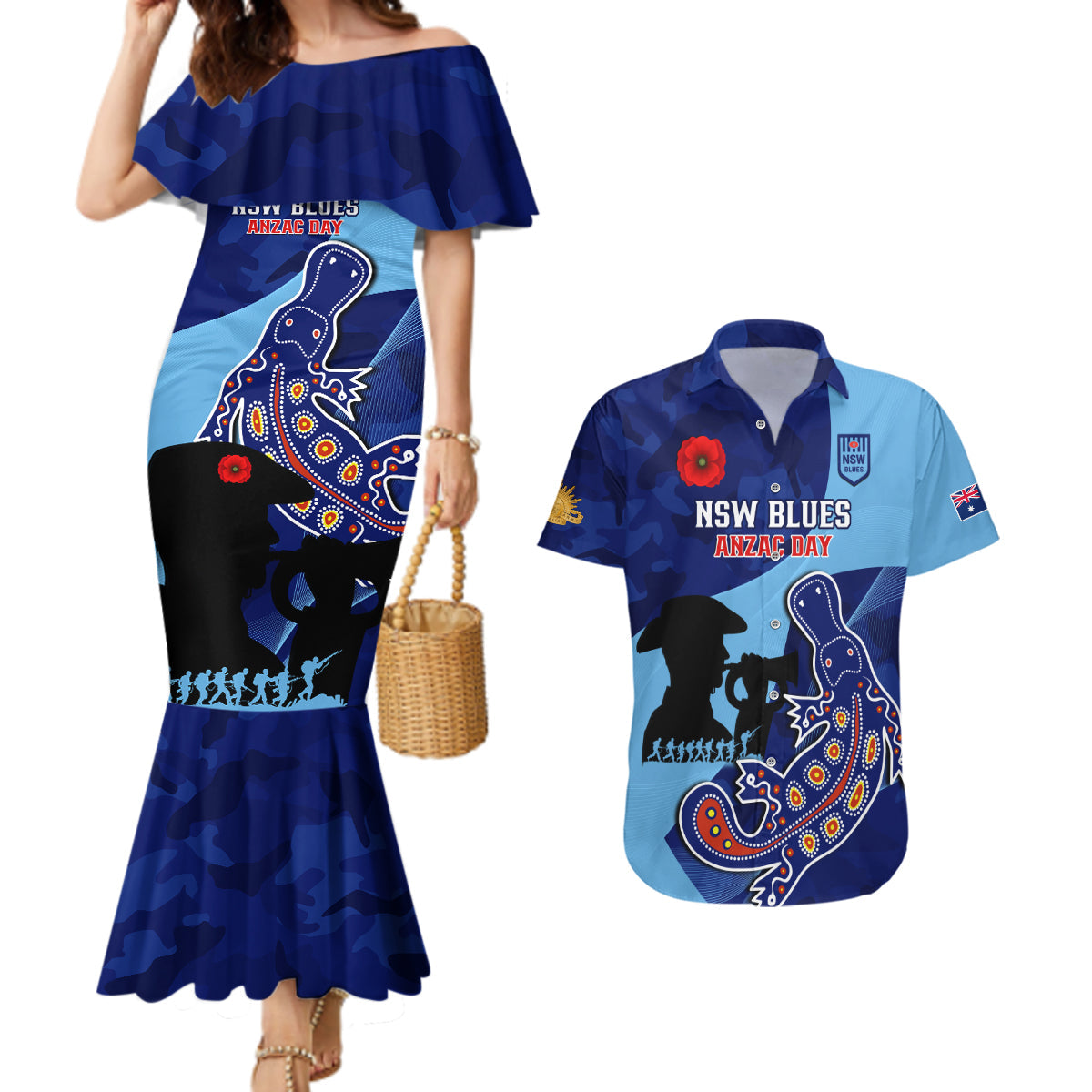 Custom NSW Blues ANZAC Day Couples Matching Mermaid Dress and Hawaiian Shirt Australian Platypus Mix Camouflage