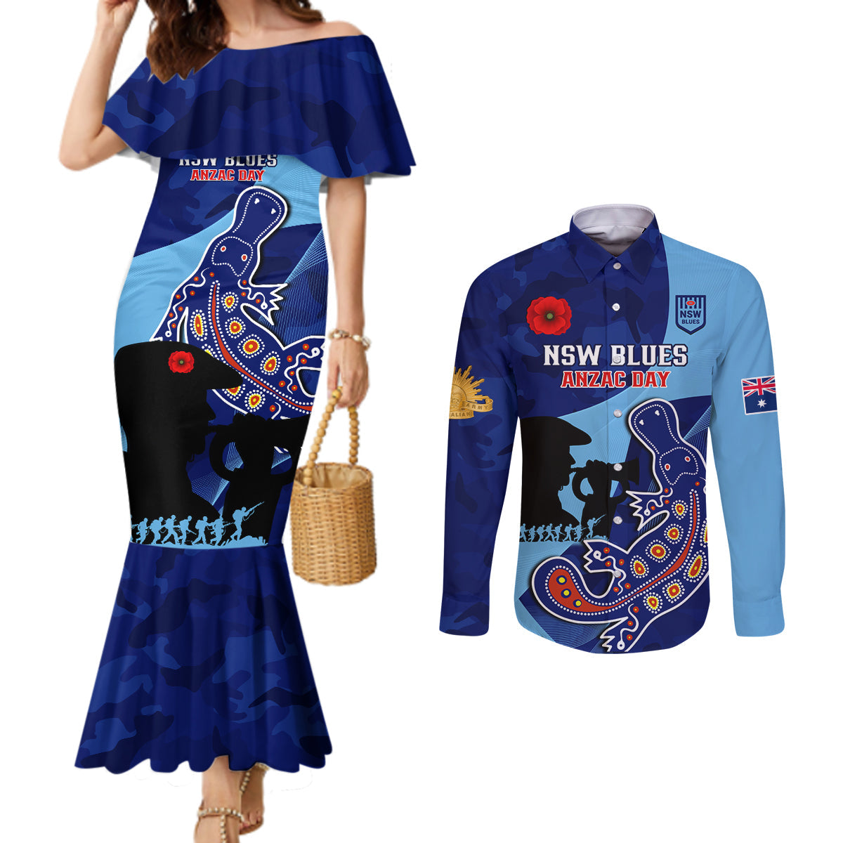 Custom NSW Blues ANZAC Day Couples Matching Mermaid Dress and Long Sleeve Button Shirt Australian Platypus Mix Camouflage
