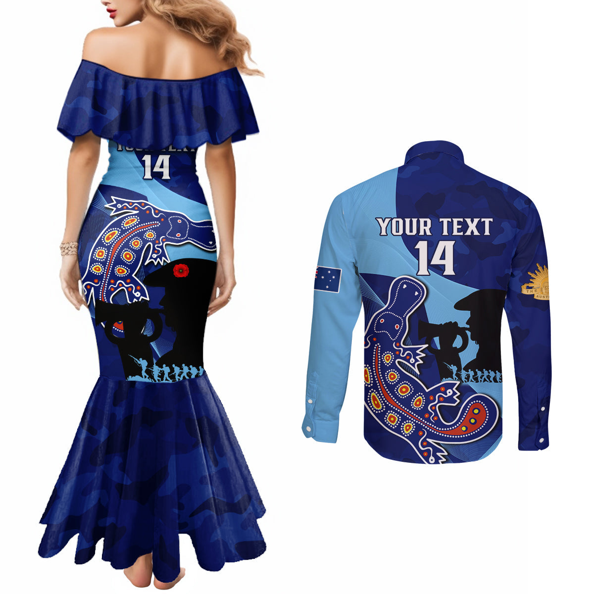 Custom NSW Blues ANZAC Day Couples Matching Mermaid Dress and Long Sleeve Button Shirt Australian Platypus Mix Camouflage