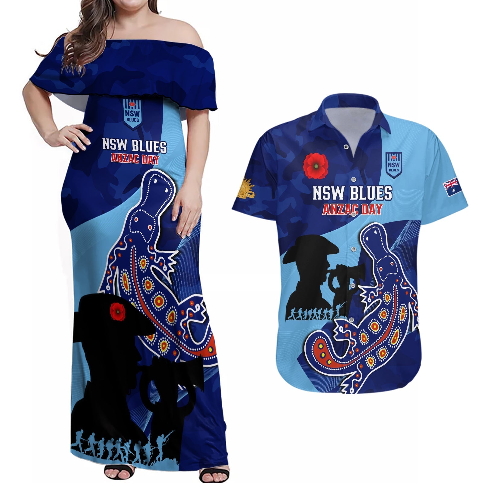 Custom NSW Blues ANZAC Day Couples Matching Off Shoulder Maxi Dress and Hawaiian Shirt Australian Platypus Mix Camouflage